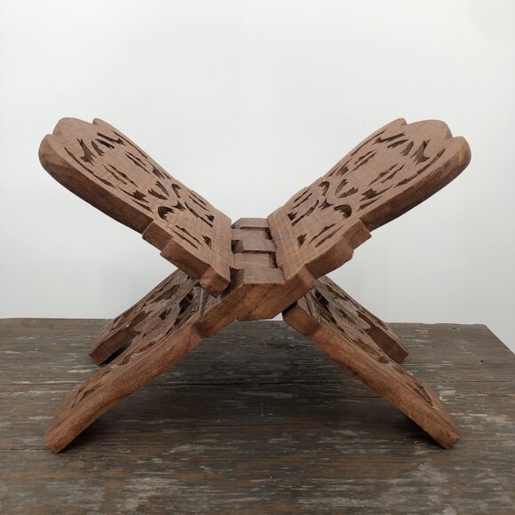 Vintage Teak Wood Book Holder Kitchen Stand Hand Carved Floral Leaf Design Foldi - Picture 5 of 9